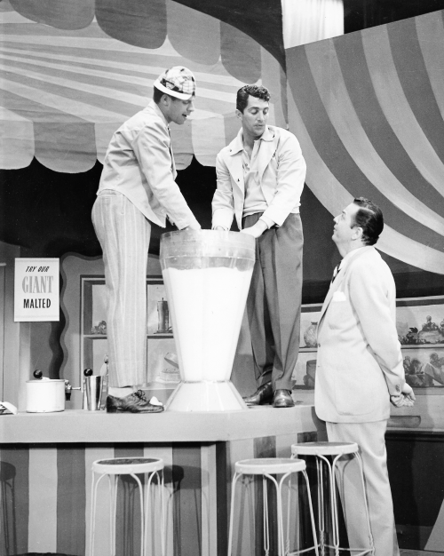 jerrylevitch:Dean Martin and Jerry Lewis during rehearsal for the Colgate Comedy Hour, February, 195