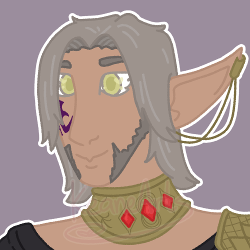 a bust drawing of urianger from final fantasy 14. he is facing slightly to the left and smiling. he has a golden clasp earring at the tip of his left ear that has two golden chains hanging down towards another earring in his earlobe, but it is hidden by his hair. he is wearing his post stormblood outfit. the lines are coloured a slightly darker version of the colour in them, aside from the eyes that are coloured with his hair colour. the background is a solid muted lilac and there is a white outline around him.