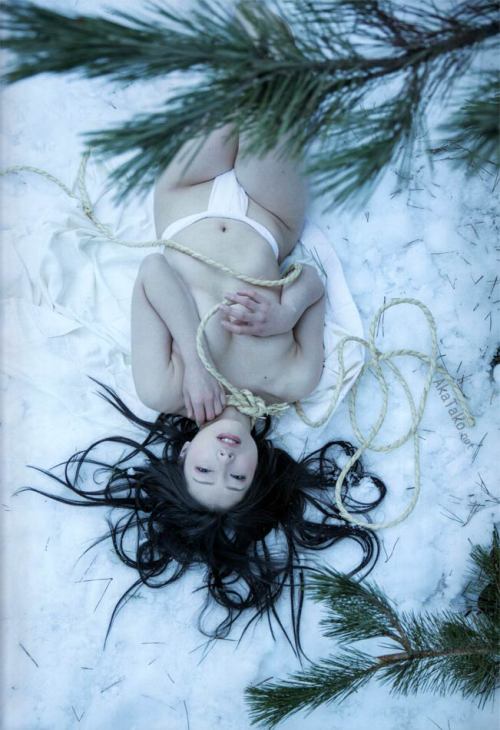 Model Kinren tied by Hajime Kinoko under a frosty pine tree. Printed in WAYOU KINBAKU MIYABI book - 