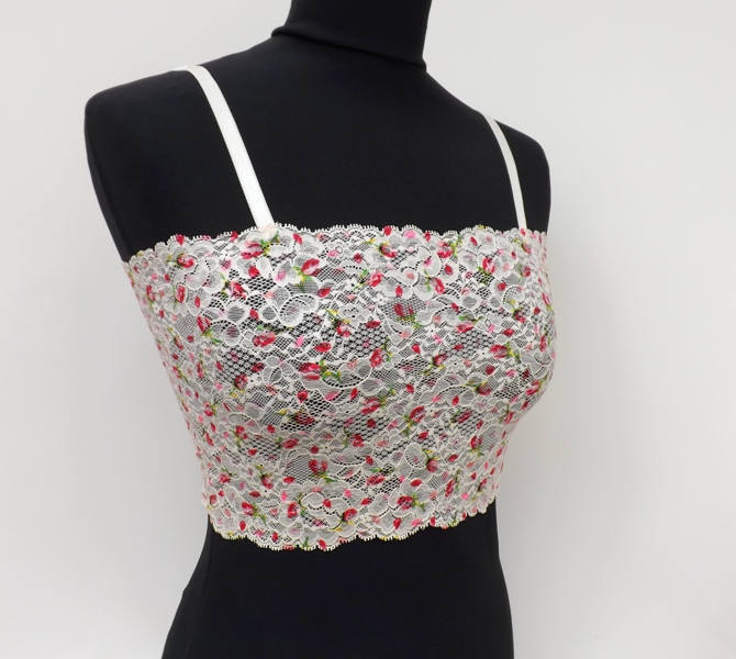 Handmade fashion accessories — Ivory floral lace bralette. Red flowers ...