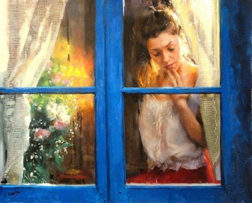 “Waiting - Painting by the Spanish artist Vicente Romero, about a girl waiting by a blue windo