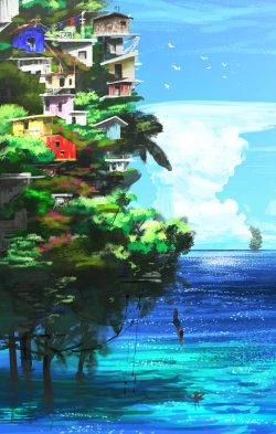 aroundtheart:  This artwork is very creative. We love the idea of the town caught in a tree. There is a beautiful work about the blue gradient, it lights up the sea. We can notice two characters who take a bath, the drawing becomes alive. It’s a good