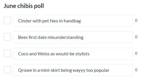 As I’ll be posting the artwork from the polls I’m holding on Patreon on here, I’ve figured I’d go ahead and show what the poll themes are and what the options were. ( ͡° ͜ʖ ͡°)All poll options are submitted by patrons, and polls go from