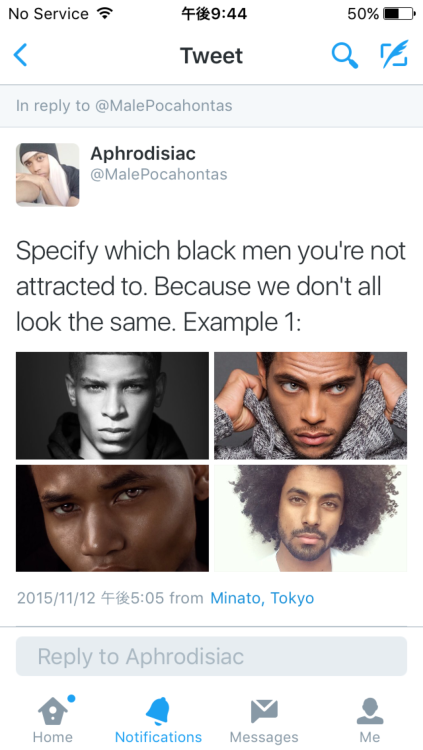 stopwhitepeopleforever:  Your “preference” is not a preference, it is racism. You have internalized negative ideas of black men and for that reason you claim they’re not your “preference.” A preference is saying you like guys with brown hair