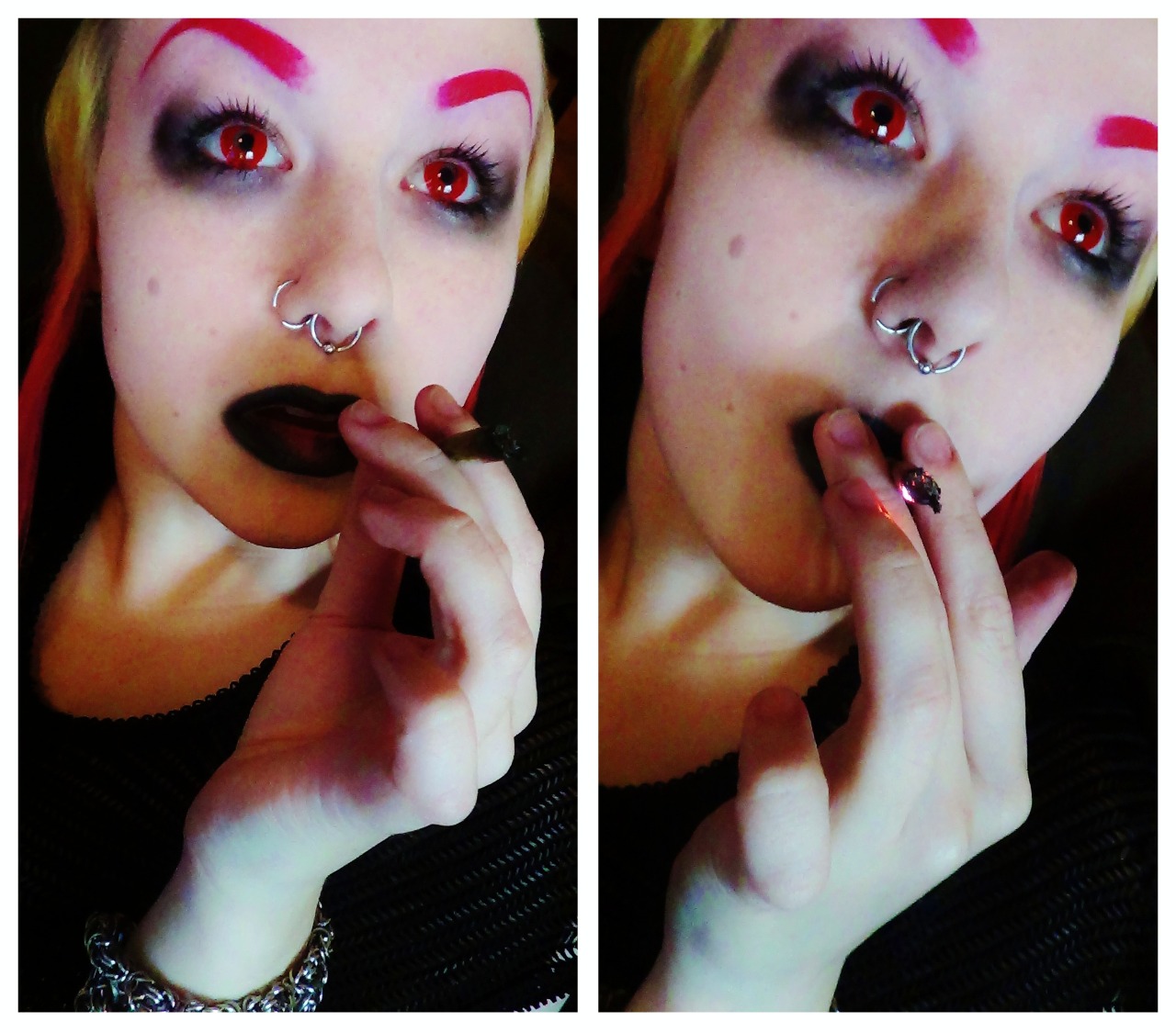 sweetdisease:  Hot Pink Eyebrows, Black Lips And My Red Contacts For The Win