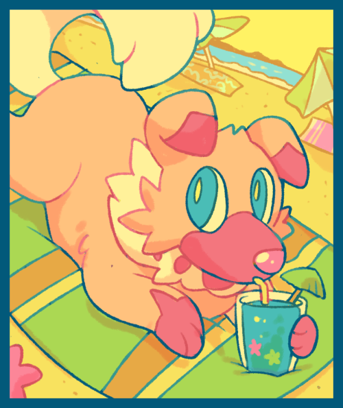 chocodile:  Yungoos, Pikipek, Grubbin, and Iwanko enjoying the beach! Was aiming for a Lisa Frank-ish colorscheme on these. :] 