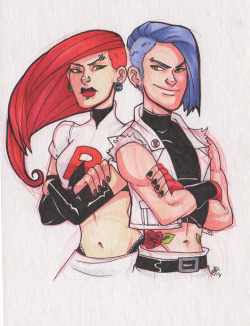 jakface:  TEAM ROCKET BLASTS OFF AT THE SPEED OF LIGHT zooowwwwww~ Drawn for funsies, sold at FanExpo to the lovely Rachel. :D 