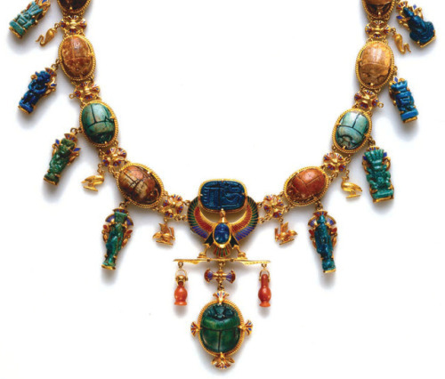 grandegyptianmuseum:Egyptian Revival Necklace with Scarabs and Amulets (Victorian, 19th century). Sc