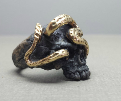 lesstalkmoreillustration:Handmade Sterling Silver And Solid 14K Yellow Gold Snake Skull Ring By Gran