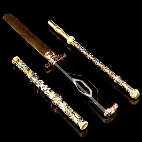 marylibra:Desk set (six piece)Gold and polychrome enamelIncluding a pen holder, nib box with sliding