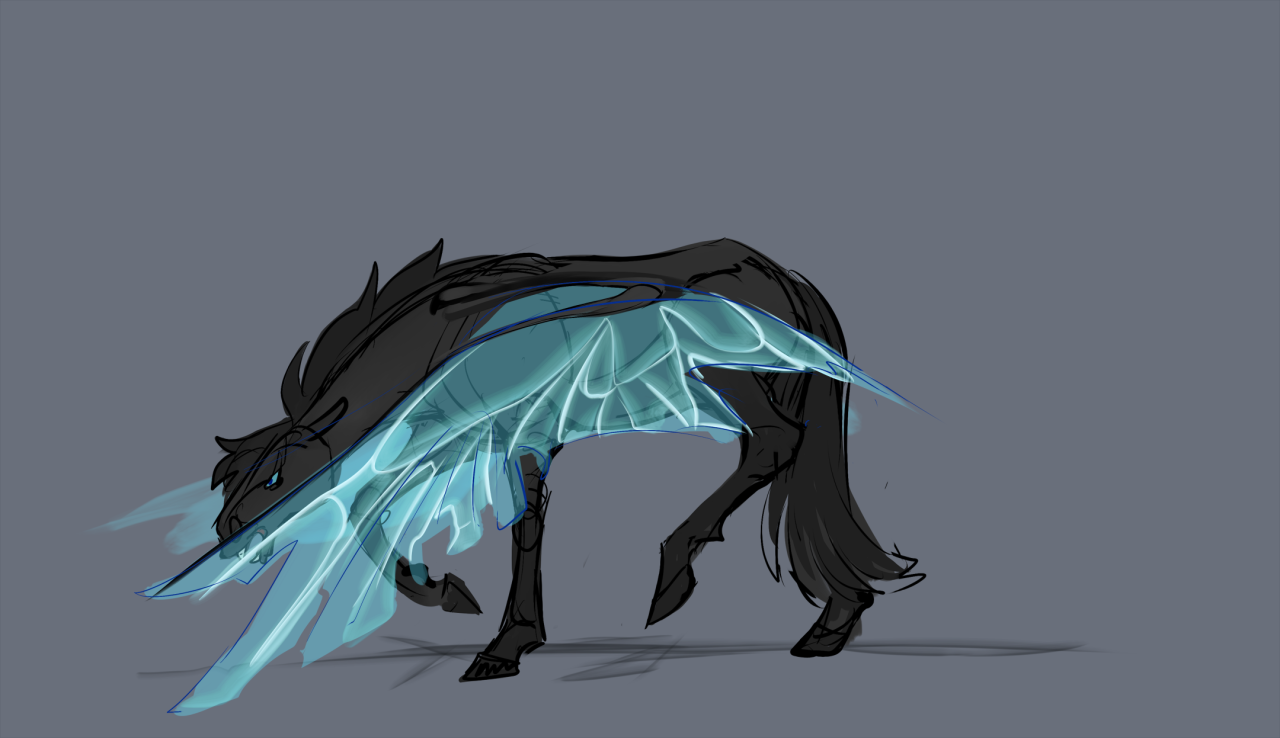 now the wings are still once again, so it looks like a black horse with blue insectoid wings