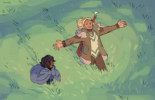 a digital drawing of Sol and Nyx viewed from above as they walk through a lush green sunny field. Sol has her arms outstretched in joy as she soaks in the sun while Nyx looks over at her in amusement.
