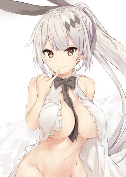 oniichani:  (via yande.re 390382 animal_ears bunny_ears cleavage dress five-seven girls_frontline no_bra nopan open_shirt silver_(chenwen).jpg (2000×2800))   O