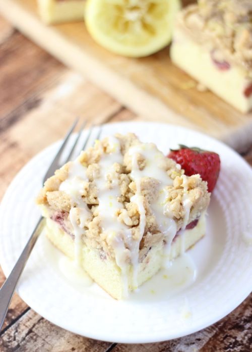 Roasted Strawberry Lemonade Crumb Coffee Cake