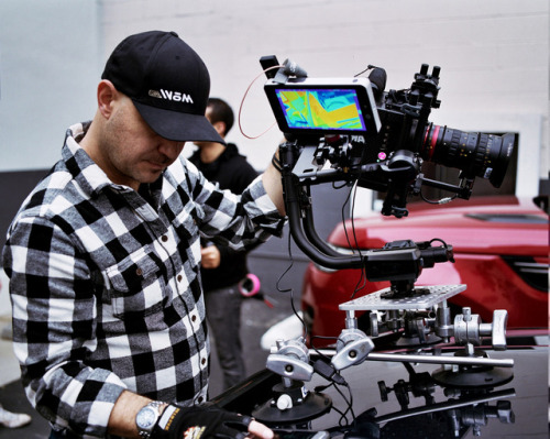 Jorel setting up the car rig - an Alexa-Mini on Movi Pro with Angenieux Optimo Zooms on the set of “