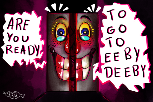 E E B Y   D E E B Y[Id: Drawing of Upsy your lifting friend, a grey elevator with a horrifying clown
