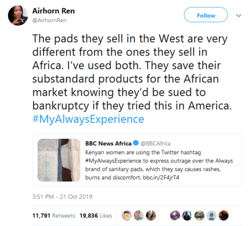 erikkillmongerdontpullout: gahdamnpunk: This is actually so messed up…Making African women use substandard hygiene products is absolutely ridiculous  People are mad about them taking the female symbol off the package but are silent about this.  