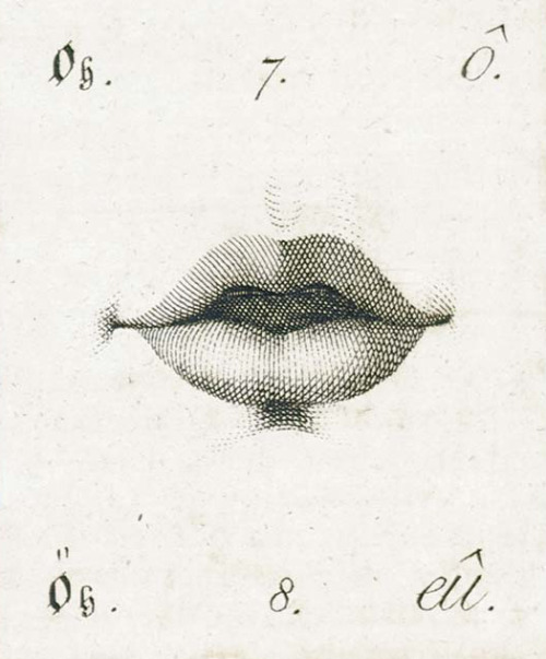 Position of the lips, education manual, 19th century. Lehrbuch über die in jeder Sprache anwendbare 