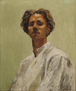 blastedheath:  erretratu Mervyn Peake (English, 1911-1968), Self-Portrait, 1933. Oil on board, 59 x 48 cm. Guernsey Museums and Galleries. 