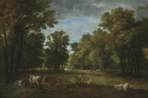 Jean-Baptiste (Paris 1686-1755 Beauvais) | A wooded landscape with cattle and sheep, a statue in the