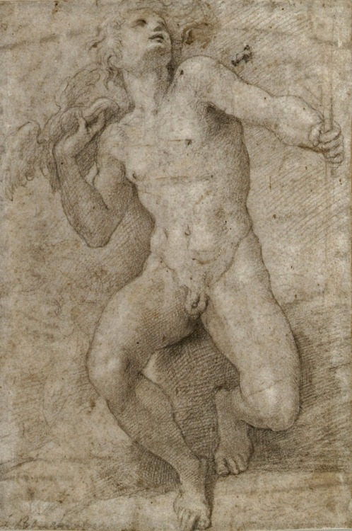 hadrian6:Seated Figure of Mercury. 16th.century. Parmigianino. Italian 1503-1540. black chalk on paper. Metropolitan Mus