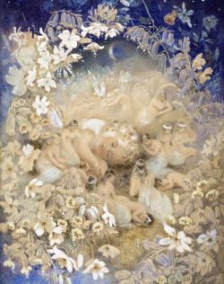 pintoras:Etheline E. Dell (English, 1885 - 1923): “We found a babe left in the swathes forlorn – midsummer fairies” (via Freeman’s)