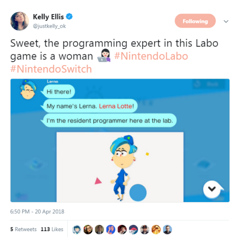 Sweet, the programming expert in this Labo game is a woman  #NintendoLabo #NintendoSwitch- Kelly Ell
