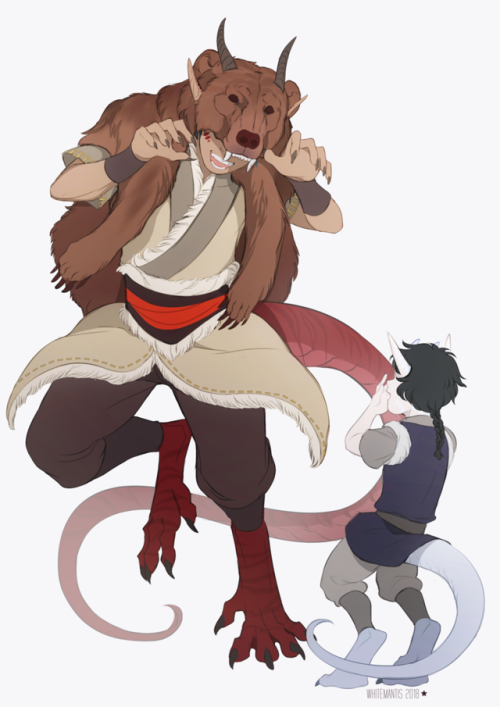 whitemantis: Kyda wearing a bear pelt and playing with Vyrn. A lovely commission for my great friend