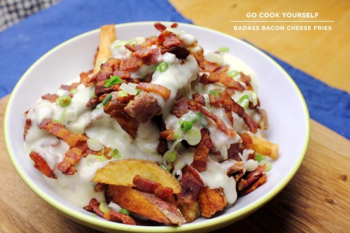 gocookyourself:  Badass Bacon Cheese Fries Leftover Fries / Cheese / Bacon / Scallions / Plain Flour / Butter / Milk (1)  Read More 