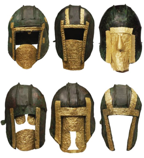 archaicwonder:Illyrian Type Bronze Helmets with Gold Funerary Masks These were discovered at the cem