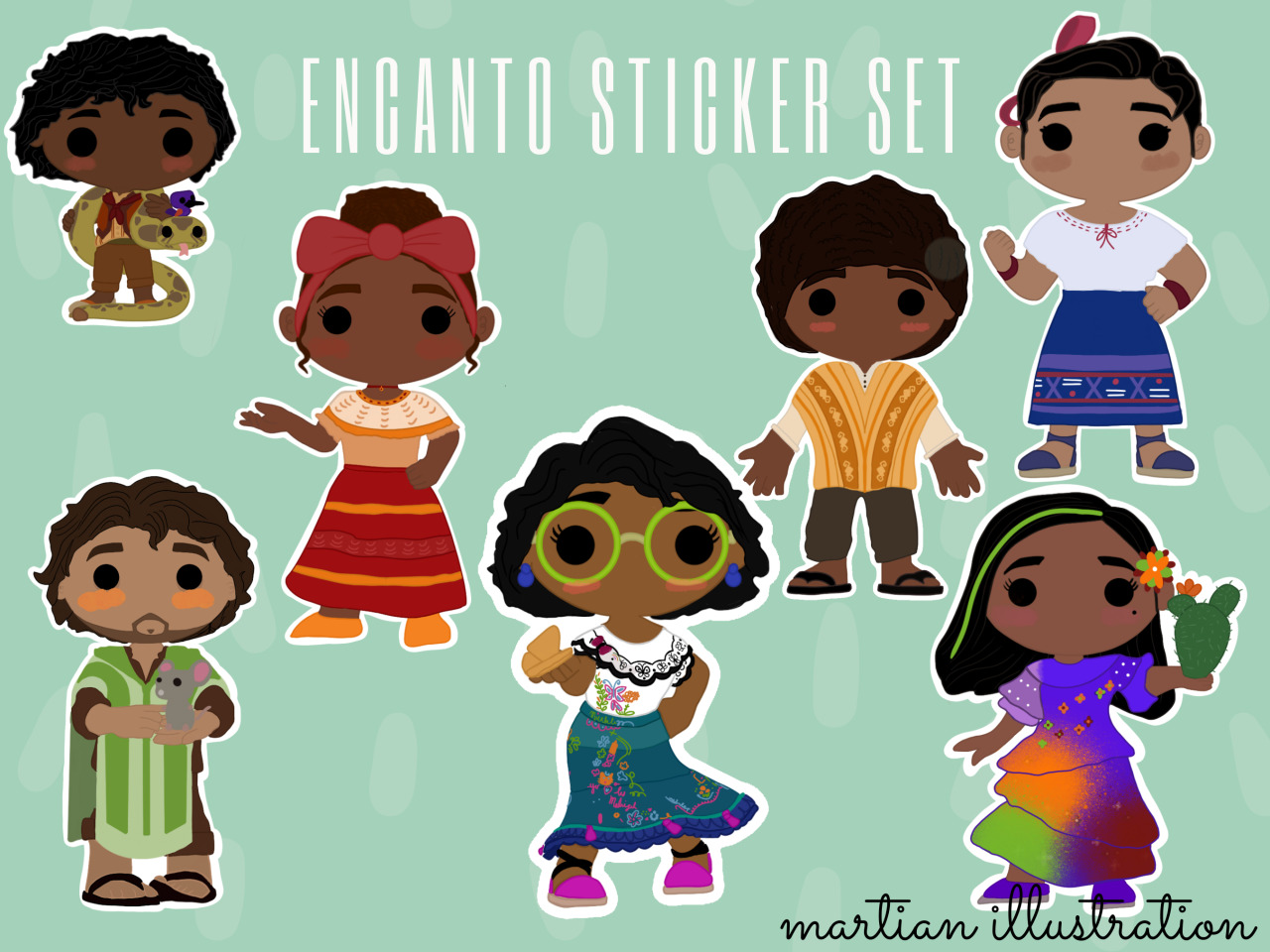 ENCANTO STICKERS by MARTIAN ILLUSTRATION !!hi everyone! i created this encanto sticker set! i’m a small artist who makes bookish (and sometimes musician) stickers & bookmarks! it would mean the world if you could reblog/like this! thank you so much for reading this far!!available in a pack or single stickers$1 (b-grade), $3 (single sticker), $15 (set of 7)all prices are in CAD (so much cheaper in USD!)LINK HERE #disney merch#disney stickers#encanto disney#disney encato#madrigal family#mirabel madrigal#luisa madrigal#isabella madrigal#bruno madrigal#camilo madirgal#dolores madrigal#Madrigal encanto#Encanto#encanto stickers#encanto merch