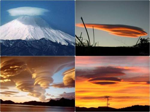 These UFO like clouds are known as lenticular clouds or altocumular standing lenticularis clouds. Th