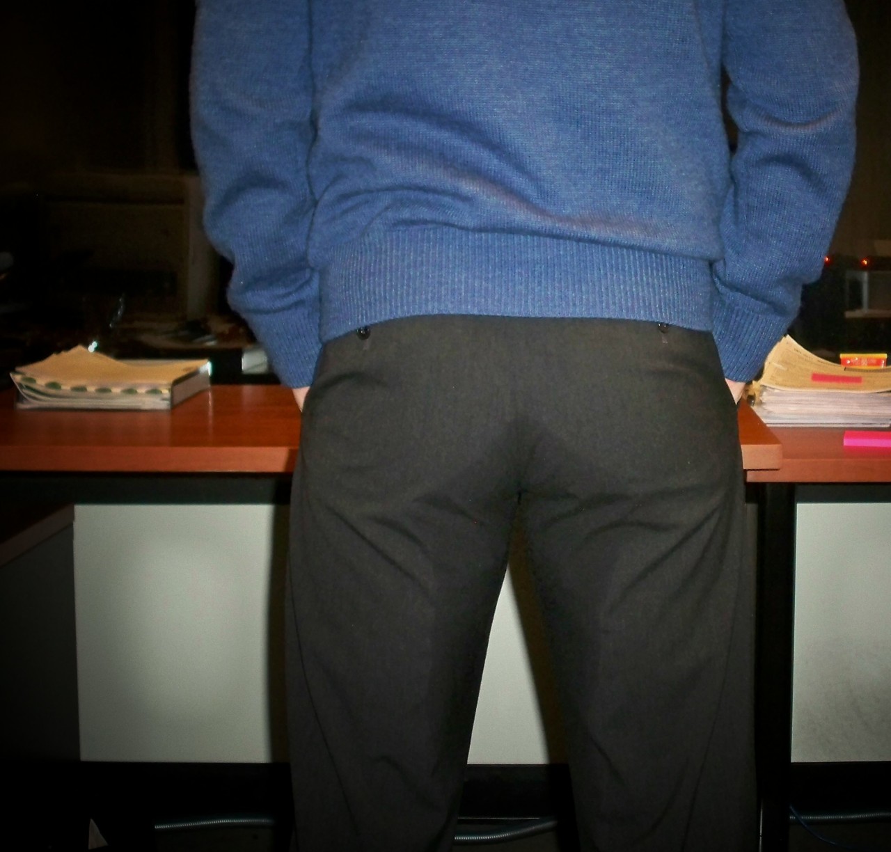 gymsweatr:  Office wetting—stuck on conference calls, sometimes have to dribble