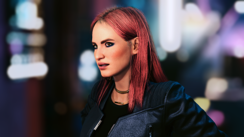 female character from Cyberpunk 2077 with pink hair and heterochromia, colorful bokeh background
