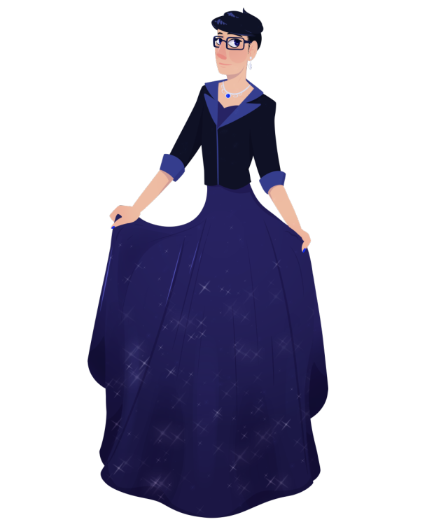 a lineless digital drawing of Logan in a long blue sparkling evening gown and deep blue blazer. he is standing tall, holding the skirt of the dress to show off the sparkles. his expression is pleased