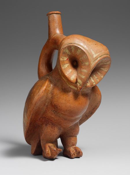 Owl Stirrup Spout Bottle, 2nd–3rd centuryPeru, MocheCeramic; H. 9 ½ in. (24.1 cm), W. 4 5/8 i