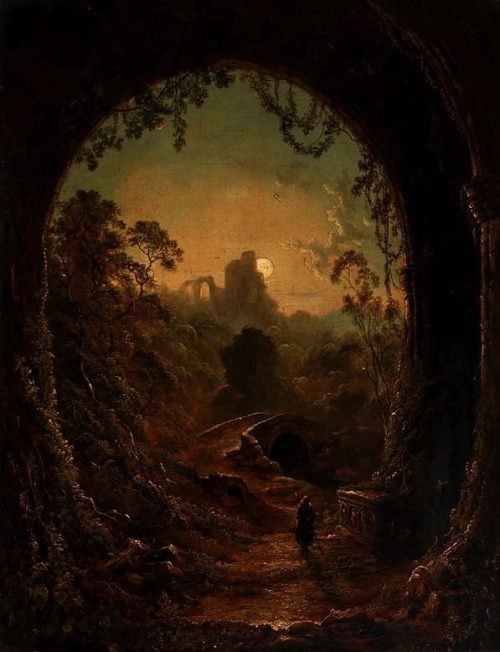 oldpaintings:A moonlit landscape with a monk entering a ruined abbey by follower of Henry Pether 