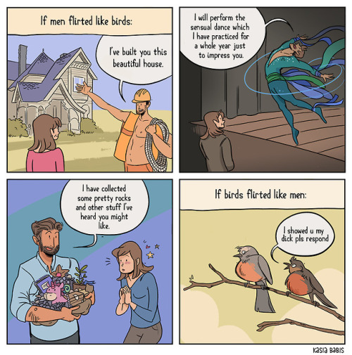 obviouslypancakes:turquoisemagpie:artbymoga:thenib:From Kasia Babis.This is so clever!If birds flirt