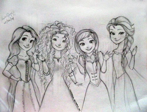 frozenloki:  My Rapunzel, Merida, Anna, and Elsa Sketchies :3  just thought maybe I could post it here :3 http://nicolebalcom.deviantart.com/ 