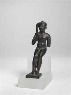 grandegyptianmuseum: Statuette of   Harpocrates “Horus the child”,  god of silence, secrets and confidentiality (bronze). Late Period, ca. 664-332 BC. Now in the Mediterranean Archaeology Museum, Marseille.  