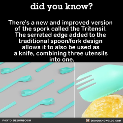 did-you-kno:  There’s a new and improved version of the spork called the Tritensil. The serrated edge added to the traditional spoon/fork design allows it to also be used as a knife, combining three utensils into one.  Source   Yes. Fine. Good. Cut
