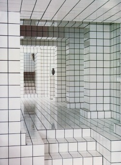 krgkrg:  ‘In 1974 Jean Pierre Raynaud opened la Maison de La Celle-Saint-Cloud in Paris. A house and art installation comprised entirely of white tiles. The austere and geometric design created by the white tiles and juxtaposing black seams give an