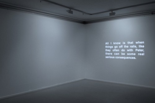 lehroi:  Ignas Krunglevicius ‘NARRATIVE WITH AN UNEXPECTED OUTCOME’, 2011. The video installation documents a dialogue from a group therapy session as animated text. Each screen represents a different persona from the therapy session. During