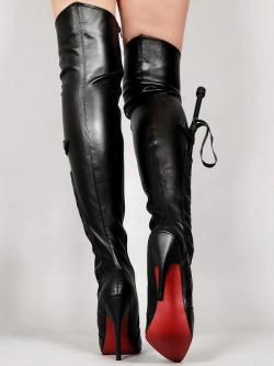 killerheelsandboots:  Nice thigh boots with that gorgeous red sole. Bonus a place to hold your riding crop so people know you mean business!!!  