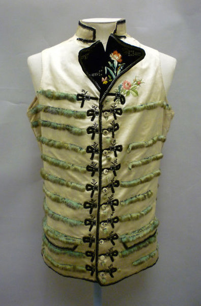 Man’s waistcoat, probably British, 1780′s. Silk satin with silk embroidery, silver spangles, velvet 