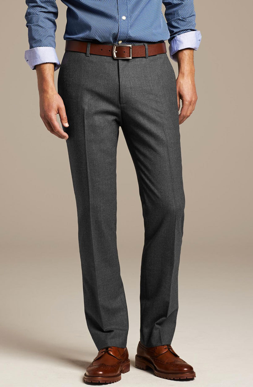 Grey flannel trousers  Blue loafers