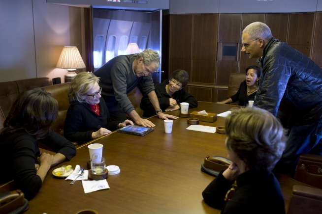 I stand in solidarity with the White House News Photographers Association about access, but I am making an exception for this particular Pete Souza photo: George W. Bush showing off his paintings to Hillary Clinton and other folks on Air Force One. I...