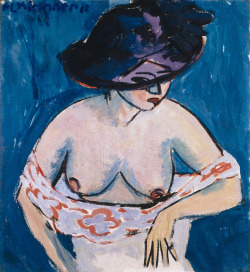 lawrenceleemagnuson:  Ernst Ludwig KirchnerWeiblicher Halbakt mit Hut - Female Half-Length Nude with Hat (1911,)oil on canvas 76 x 70 cmMuseum Ludwig Cologne, Germany 