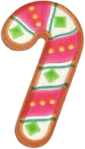 sticker of a gingerbread cookie shaped and decorated like a candy cane.