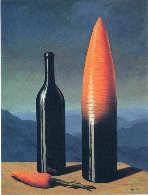 aceofsnakes:fruitsgood:surrealism-love:The explanation, 1952, Rene MagritteSize: 35x46 cmMedium: oil